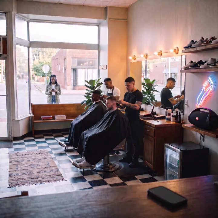 A busy barbershop; the counter phone lies unanswered on the desk
