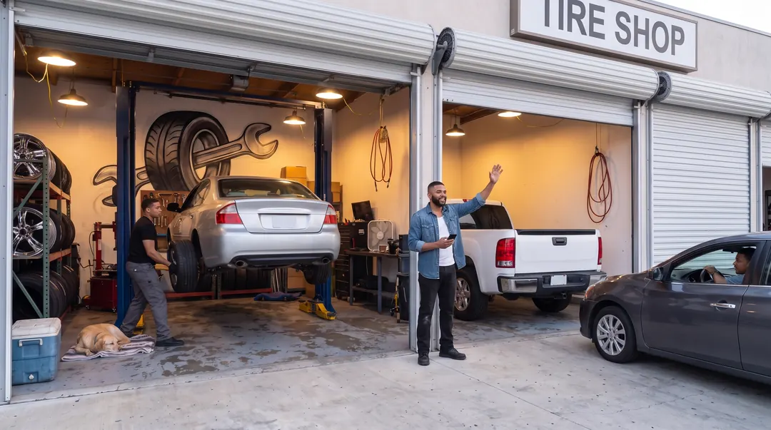 The same tire shop, both bays full and another car pulling in