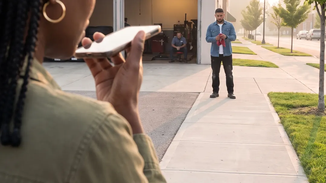 A customer on the sidewalk asks her phone while the tire shop owner waits outside his empty bays