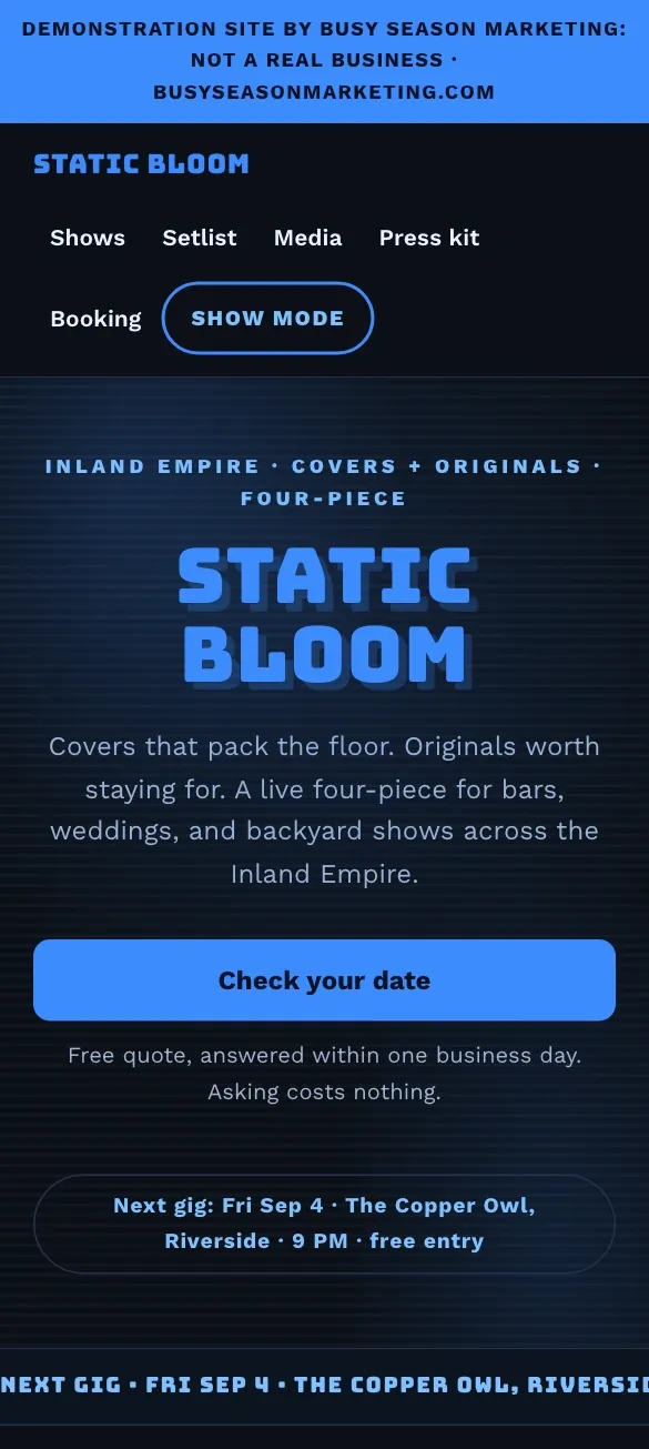 Our band demonstration site on a phone
