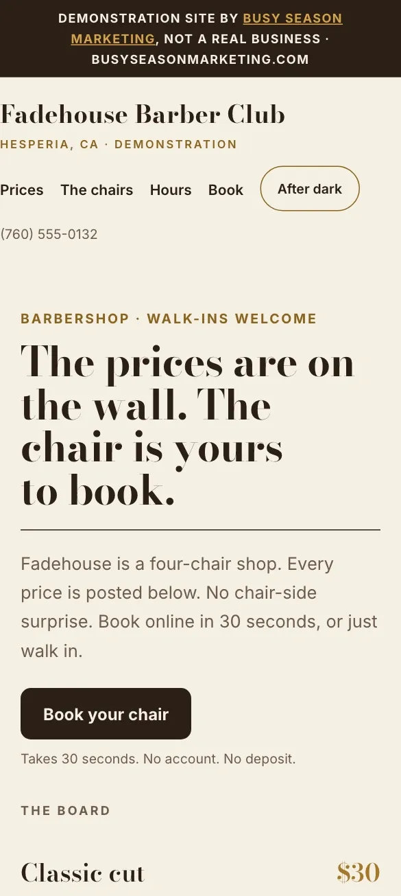 Our barber and salon demonstration site on a phone