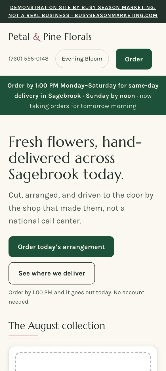 Our florist demonstration site on a phone