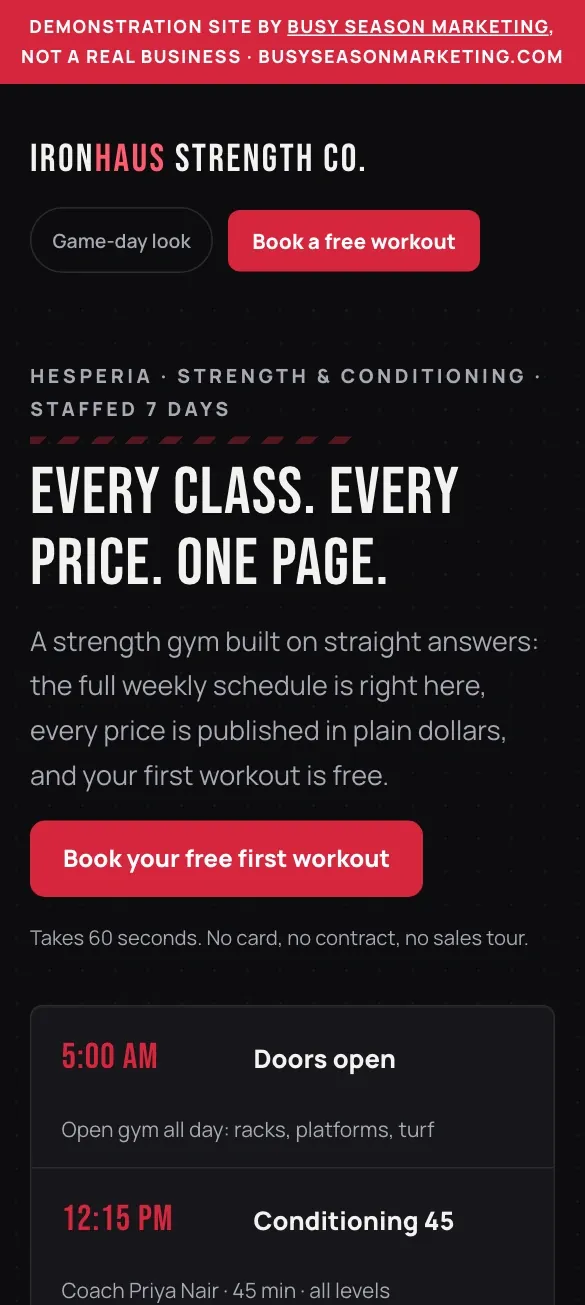 Our gym demonstration site on a phone