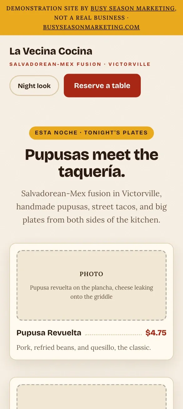 Our restaurant demonstration site on a phone