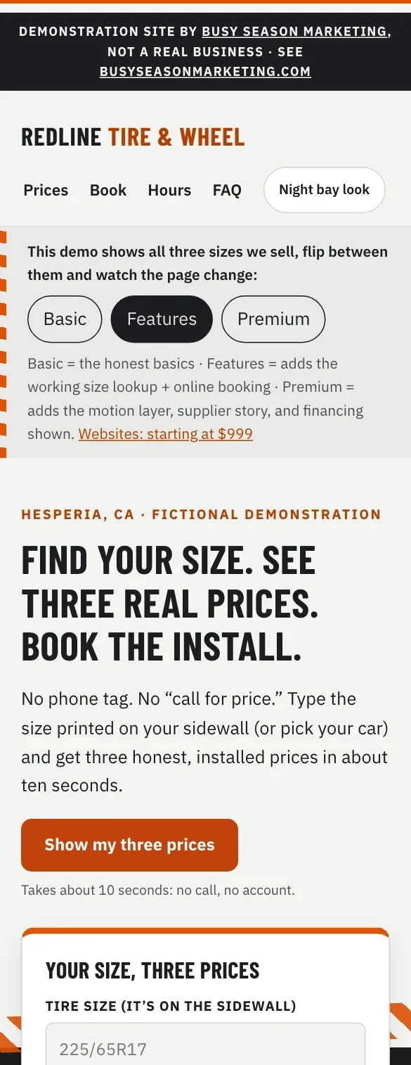 Our tire shop demonstration site on a phone